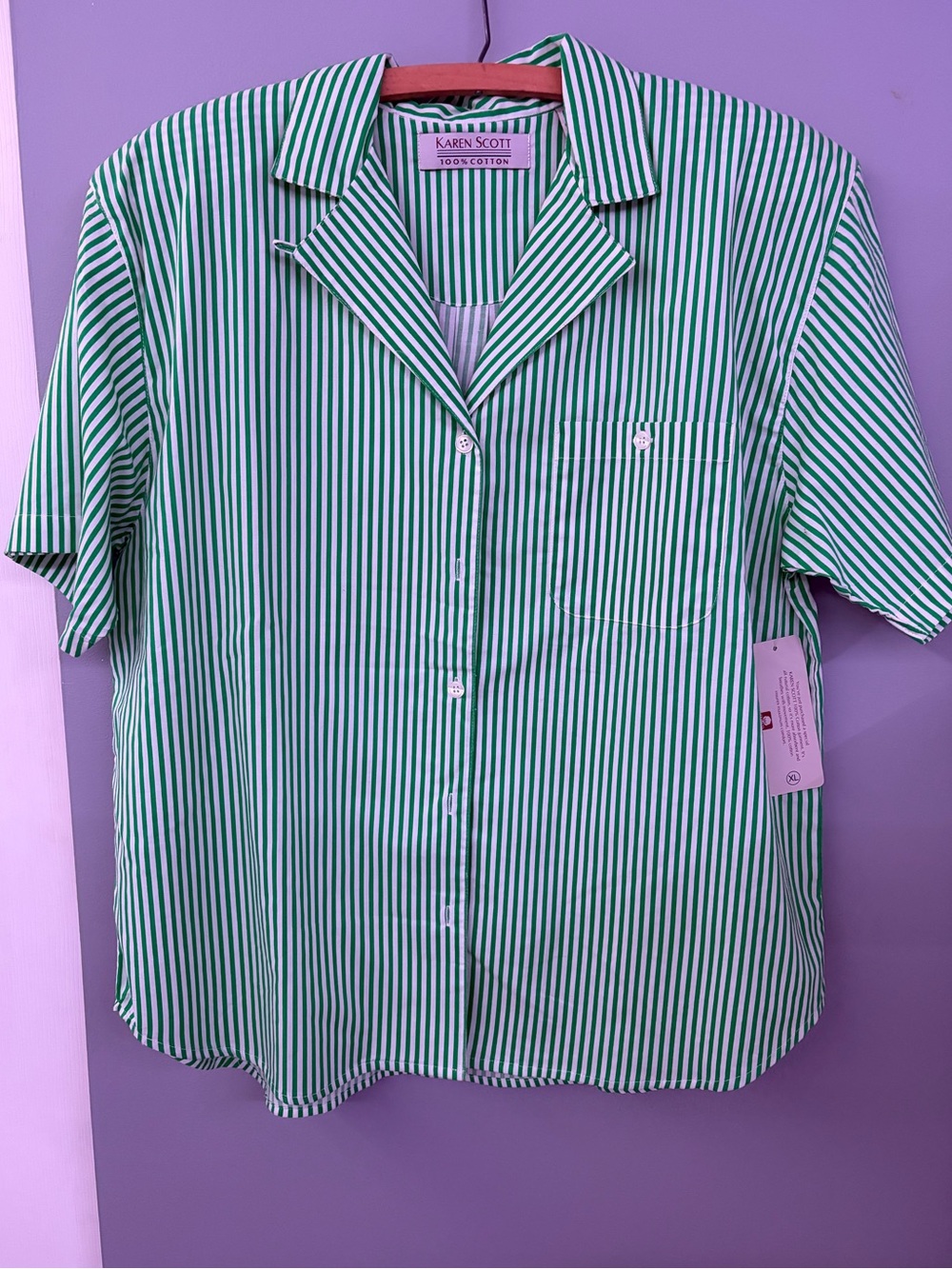 Vintage Karen Scott Green Stripe Short-Sleeve Button-Up Shirt Size XL